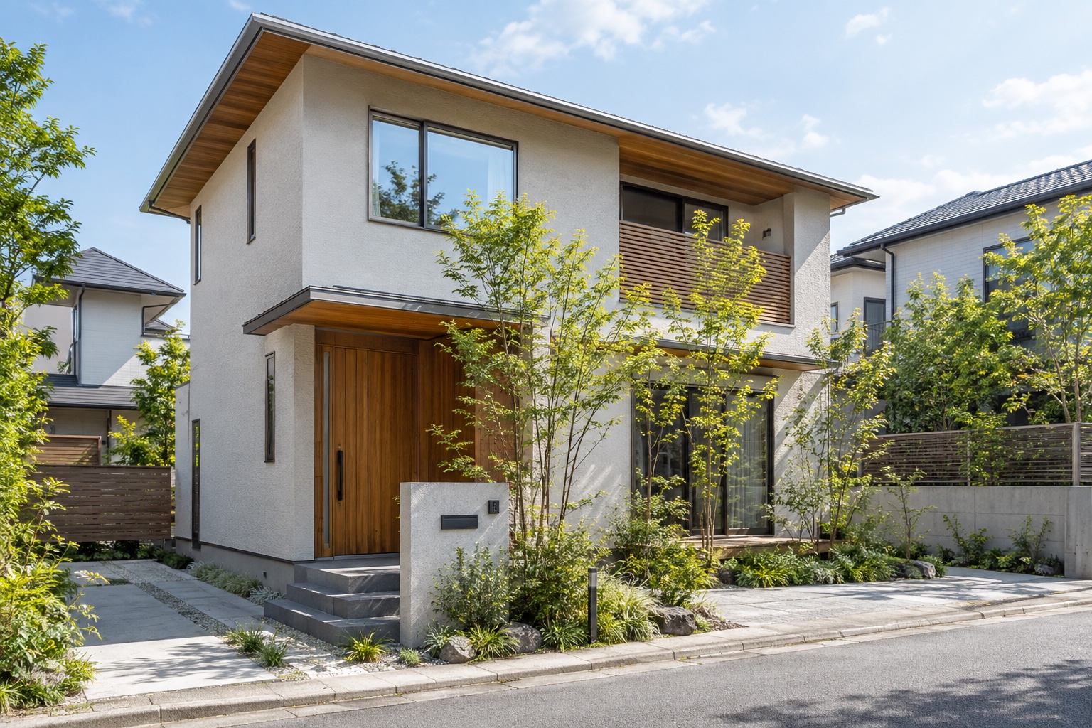 植栽に囲まれた戸建住宅の外観イメージ